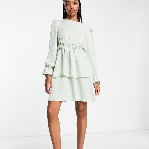 Anthropologie Flounce London Tall satin tiered mini dress in sage green - Picture 1 of 11
